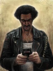 Rule 34 | 1boy, afro, bad id, bad pixiv id, black hair, derivative work, dragon ball, dragonball z, facial hair, game boy, game boy (original), handheld game console, jacket, jewelry, leather, leather jacket, male focus, mr. satan, mustache, occult soda, realistic, ring, scar, solo