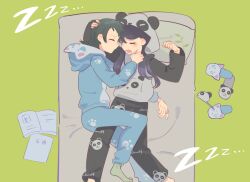 Rule 34 | 2girls, animal hood, animal print, bang dream!, bang dream! it&#039;s mygo!!!!!, bear print, black hair, blue hoodie, blue pants, book, closed eyes, closed mouth, commentary, cuddling, from above, green background, green socks, hand on another&#039;s chest, hand on another&#039;s head, highres, hood, hoodie, long hair, lying, mole, mole under eye, multiple girls, on back, on bed, on side, open mouth, panda hood, panda print, pants, purple eyes, shiina taki, simple background, sleeping, slippers, socks, takechi63, yahata umiri, yuri, zzz
