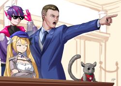 Rule 34 | 1girl, 2boys, absurdres, andrew esquire, blonde hair, character request, crossed arms, dokibird (vtuber), falseeyed, glasses, green eyes, highres, holding, holding phone, indie virtual youtuber, khoaphan96, monkey, multiple boys, phone, pointing, real life, senegal bushbaby, virtual youtuber