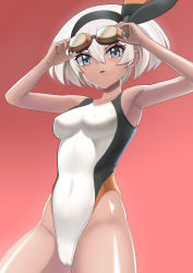 Rule 34 | 1girl, bad id, bad pixiv id, bea (pokemon), competition swimsuit, cowboy shot, creatures (company), dark-skinned female, dark skin, game freak, goggles, goggles on head, gradient background, grey eyes, grey hair, hairband, highleg, highleg swimsuit, highres, higofushi, looking at viewer, nintendo, one-piece swimsuit, pokemon, pokemon swsh, red background, short hair, solo, swimsuit, white one-piece swimsuit