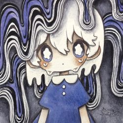 Rule 34 | 1girl, abstract, blue dress, blue eyes, blush, bright pupils, dated, dress, highres, looking at viewer, medium hair, original, short sleeves, signature, solo, tears, upper body, white hair, white pupils, zukky000