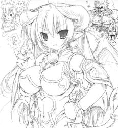 Rule 34 | 1girl, 2boys, :d, :x, ahoge, arm guards, armor, astaroth (shinrabanshou), bare shoulders, blush stickers, breasts, breath, cleavage, clenched hand, clenched teeth, clothing cutout, cowboy shot, earrings, fangs, greyscale, hair between eyes, hand on own hip, heart, heart earrings, horns, jewelry, large breasts, monochrome, multiple boys, navel, navel cutout, necklace, o o, open mouth, pendant, pointy ears, shinrabanshou, smile, spiked hair, standing, teeth, tongue