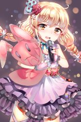 Rule 34 | 10s, 1girl, bad id, bad pixiv id, blonde hair, blue bow, blush, bow, brown eyes, choker, drill hair, fingerless gloves, flower, frilled skirt, frills, futaba anzu, gloves, hair bow, hair flower, hair ornament, highres, idolmaster, idolmaster cinderella girls, long hair, looking at viewer, microphone, papo, polka dot, polka dot bow, purple skirt, rose, skirt, solo, stuffed animal, stuffed rabbit, stuffed toy, tears, twin drills, twintails, white gloves