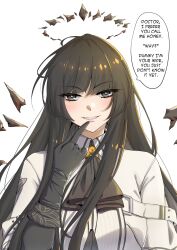 Rule 34 | 1girl, arknights, ascot, black ascot, black eyes, black gloves, black hair, blunt bangs, blush, bright pupils, commentary, gloves, grin, halo, highres, long hair, looking at viewer, pointing at mouth, shirt, smile, solo, symmetricturd, upper body, very long hair, virtuosa (arknights), white background, white pupils, white shirt