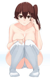 Rule 34 | 10s, 1girl, breasts, brown eyes, brown hair, collarbone, covering privates, covering breasts, franham, highres, jewelry, kaga (kancolle), kantai collection, large breasts, looking at viewer, panties, ring, side ponytail, solo, squatting, thighhighs, topless, underwear, white background, white panties, white thighhighs