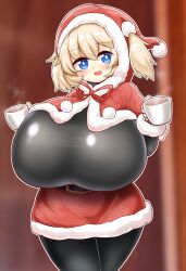 Rule 34 | 1girl, alternate breast size, alternate costume, belt, black bodysuit, black pantyhose, blonde hair, blue eyes, blurry, blush, bodysuit, breasts, bright pupils, capelet, christmas, coffee, coffee mug, cup, depth of field, ella of the sky, enostal, fur trim, gigantic breasts, hair through headwear, hat, highres, holding, holding cup, last origin, miniskirt, mug, open mouth, oppai loli, pantyhose, red capelet, red hood, santa costume, santa hat, shortstack, skirt, smile, solo, steam, taut clothes, twintails