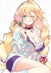 1girl, ;p, absurdres, akutaa, azur lane, black choker, blonde hair, braid, breasts, candy, choker, cleavage, cross, cross necklace, eyebrows visible through hair, food, frilled nightgown, green eyes, heart, highres, holding, holding candy, holding food, holding lollipop, huge filesize, jewelry, large breasts, le temeraire (azur lane), lollipop, long hair, necklace, nightgown, official alternate costume, one eye closed, socks, solo, tongue, tongue out, twin braids, very long hair