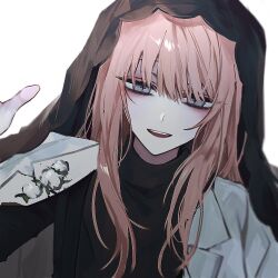 Rule 34 | 1other, a0 ora7g, androgynous, black shirt, black veil, cotton (plant), grey eyes, jacket, jacket on shoulders, long hair, looking at viewer, marblingclear, momen (marblingclear), open mouth, pink hair, shirt, simple background, smile, solo, teeth, turtleneck, veil, white background, white jacket