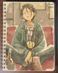 Rule 34 | 1boy, apple, bottle, brown footwear, cage, couch, food, fruit, hair between eyes, hekicha, highres, hood, hood down, hooded jacket, indoors, jacket, kabe taijin, looking at viewer, male focus, paripi koumei, shirt, shoes, short hair, sitting, solo, tongue, tongue out, white shirt