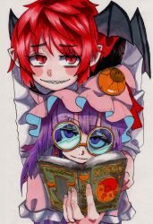 Rule 34 | 2girls, bat wings, blush stickers, book, closed mouth, crescent, crescent hat ornament, crescent pin, demon wings, dress, frills, glasses, grey background, grin, hand on another&#039;s shoulder, hat, hat ornament, head wings, highres, holding, holding book, inuyama konan, koakuma, leaning on person, light smile, long hair, long sleeves, looking at viewer, medium hair, mob cap, multiple girls, patchouli knowledge, pointy ears, purple eyes, purple hair, red eyes, red hair, red ribbon, ribbon, round eyewear, sharp teeth, shirt, simple background, slit pupils, smile, star (symbol), teeth, touhou, vest, white shirt, wings