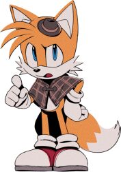 Rule 34 | 1boy, animal ears, animal nose, blue eyes, body fur, brown capelet, brown hat, capelet, child, digimin, fedora, fox boy, fox ears, fox tail, full body, furry, furry male, gloves, hand on own hip, hand up, hat, looking at viewer, male focus, mini hat, multiple tails, non-web source, official art, open mouth, plaid capelet, pointing, pointing at viewer, red footwear, shoes, simple background, socks, solo, sonic (series), standing, tail, tails (sonic), the murder of sonic the hedgehog, transparent background, two-tone fur, two tails, white fur, white gloves, white socks, yellow fur