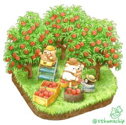 Rule 34 | apple, apple tree, apron, artist name, basket, bear, bird, black eyes, blue ribbon, blush, bow, bowtie, brown hat, crate, food, food focus, fruit, grass, hat, hat ribbon, isometric, ladder, looking at another, looking away, no humans, orchard, original, penguin, red bow, red neckwear, ribbon, st.kuma, standing, stepladder, sun hat, tree, twitter username, yellow hat