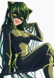 Rule 34 | 1girl, animal ears, black bodysuit, black mask, bodysuit, cat ears, cat girl, green eyes, green hair, highres, hm89509321, lady noir, long hair, looking at viewer, marinette dupain-cheng, miraculous ladybug, open mouth, simple background, sitting, slit pupils, smile, solo, superhero costume, white background