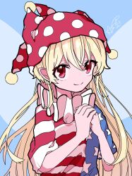 Rule 34 | 1girl, akuta neko, blonde hair, blue background, closed mouth, clownpiece, commentary, fairy wings, hat, highres, jester cap, long hair, looking at viewer, neck ruff, own hands together, polka dot headwear, red eyes, red hat, short sleeves, signature, smile, solo, star (symbol), star print, touhou, transparent wings, upper body, wings