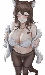 Rule 34 | 1girl, animal ears, bare shoulders, black pantyhose, blush, bra, breasts, brown hair, chinese commentary, cleavage, closed eyes, closed mouth, collarbone, from above, girls&#039; frontline neural cloud, hair between eyes, hair ornament, hairclip, highres, holding, holding clothes, jewelry, large breasts, long hair, navel, necklace, off shoulder, panties, pantyhose, removing jacket, selcky, simple background, solo, tail, turing (neural cloud), underwear, white background, white bra, white panties