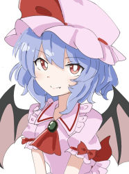 Rule 34 | 1girl, ascot, bad id, bad pixiv id, bat wings, blue hair, bright pupils, closed mouth, fang, hat, hat ribbon, looking at viewer, pink hat, red ascot, red eyes, red ribbon, remilia scarlet, ribbon, short hair, short sleeves, simple background, smile, solo, theon (te2eo), touhou, upper body, white background, white pupils, wings