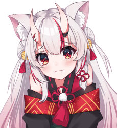 Rule 34 | 1girl, absurdres, animal ear fluff, animal ears, bare shoulders, bell, black kimono, blush, cat ears, commentary request, double bun, fang, gradient hair, hair bell, hair between eyes, hair bun, hair ornament, highres, hololive, horns, japanese clothes, karashi (asarikarasi), kimono, looking at viewer, multicolored hair, nakiri ayame, nakiri ayame (1st costume), off shoulder, red eyes, red hair, sidelocks, simple background, skin-covered horns, skin fang, solo, streaked hair, virtual youtuber, wavy mouth, white background, white hair