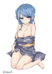Rule 34 | 10s, 1girl, bad id, bad twitter id, bare legs, bare shoulders, barefoot, blue eyes, blue hair, blush, breast hold, breasts, cleavage, closed mouth, collarbone, double bun, ebifurya, eyebrows, full body, groin, hair bun, highres, inactive account, japanese clothes, kantai collection, kimono, kimono pull, large breasts, long hair, long sleeves, looking at viewer, matching hair/eyes, no panties, obi, off shoulder, print kimono, sash, simple background, solo, twitter username, urakaze (kancolle), white background, wide sleeves
