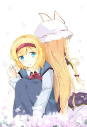 Rule 34 | 2girls, alice margatroid, back-to-back, blonde hair, blue eyes, blue skirt, blush, bow, bowtie, collared shirt, dress, eyes visible through hair, facing away, faech, flower, hair bow, hairband, hand up, hat, hat ribbon, highres, holding, holding flower, knees to chest, long hair, long skirt, long sleeves, looking to the side, mob cap, multiple girls, petals, ribbon, see-through, shirt, short hair, simple background, sitting, skirt, tabard, touhou, vest, white background, white dress, yakumo yukari