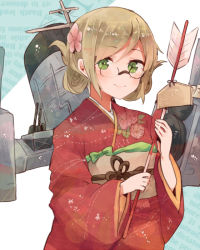 Rule 34 | 10s, 1girl, arrow (projectile), brown hair, ema, flower, folded ponytail, glasses, green eyes, hair flower, hair ornament, hamaya, itomugi-kun, japanese clothes, kantai collection, katori (kancolle), kimono, looking at viewer, machinery, new year, parted bangs, pince-nez, red kimono, smile, smokestack, solo, upper body
