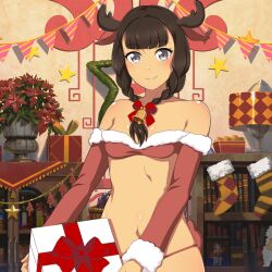 Rule 34 | 1girl, alternate costume, animal ears, bell, bikini, box, braid, breasts, brown hair, challengia, christmas, christmas present, collarbone, dark-skinned female, dark skin, deer ears, deer girl, deer tail, detached sleeves, fake animal ears, fake tail, gift, gift box, grey eyes, hair ornament, holding, holding gift, indoors, long hair, looking at viewer, navel, nchans, nchans style, official art, orcaleon, santa bikini, santa costume, sleeveless, small breasts, solo, swimsuit, tail, voxchan, winter clothes