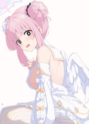 Rule 34 | 1girl, absurdres, angel wings, back cutout, black scrunchie, blue archive, blush, breasts, bright pupils, capelet, clothing cutout, cosplay, detached sleeves, dress, feathered wings, feza chen (ushaku), frilled ribbon, frills, hair bun, hair ornament, halo, highres, large breasts, looking at viewer, low wings, mika (blue archive), open mouth, pink hair, pink halo, revision, ribbon, scrunchie, seia (blue archive), seia (blue archive) (cosplay), sideboob, simple background, solo, striped clothes, striped thighhighs, thighhighs, white capelet, white dress, white pupils, white wings, wings, wrist scrunchie