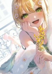 Rule 34 | 1girl, :d, bare shoulders, barefoot, blonde hair, blush, breasts, cleavage, collarbone, dress, dutch angle, feet out of frame, flower, green dress, green eyes, green nails, hair flower, hair ornament, hand on own cheek, hand on own face, highres, holding, holding flower, idolmaster, idolmaster cinderella girls, lying, magako, medium breasts, mimosa (flower), miyamoto frederica, nail polish, on stomach, open mouth, railing, shawl, short hair, sleeveless, sleeveless dress, smile, solo, sundress, white flower, yellow flower