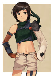 Rule 34 | 1girl, arm guards, armor, banned artist, breasts, brown eyes, brown hair, closed mouth, cropped sweater, elbow gloves, final fantasy, final fantasy vii, fingerless gloves, gloves, green sweater, hands on own hips, headband, makio (makiomeigenbot), open fly, orange gloves, ribbed sweater, short hair, shorts, shoulder armor, simple background, sleeveless, sleeveless turtleneck, small breasts, solo, sweater, symbol-only commentary, turtleneck, two-tone background, yuffie kisaragi