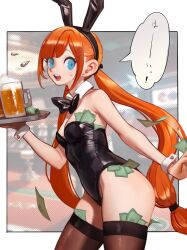 Rule 34 | 1girl, :d, animal ears, banknote, bare shoulders, beer mug, black bow, black bowtie, black leotard, bow, bowtie, breasts, brown thighhighs, character request, cleavage, contrapposto, copyright request, cowboy shot, cup, detached collar, earrings, fake animal ears, green eyes, highres, holding, holding tray, jewelry, large breasts, leaning forward, leotard, long hair, looking at viewer, low twintails, medium breasts, money, mug, open mouth, orange hair, pantyhose, playboy bunny, poritive, rabbit ears, shiny skin, smile, solo, speech bubble, strapless, strapless leotard, sweatdrop, teeth, thighhighs, translation request, tray, twintails, upper teeth only, wrist cuffs