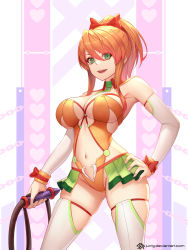 Rule 34 | 1girl, artist name, bare shoulders, between breasts, bow, breasts, center opening, chain print, cleavage, commentary request, commission, cowboy shot, detached sleeves, green eyes, green necktie, hair between eyes, hair bow, hand on own hip, heart, heart print, holding, holding weapon, holding whip, jurrig, large breasts, leotard, long hair, looking at viewer, navel, necktie, open mouth, orange hair, original, ponytail, red bow, sidelocks, skindentation, smile, solo, stomach, teeth, thighhighs, upper teeth only, watermark, weapon, web address, white sleeves