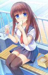 Rule 34 | 1girl, bendy straw, blue eyes, blue sailor collar, blue skirt, blush, brown hair, brown thighhighs, closed mouth, collarbone, commentary request, day, drinking straw, eating, food, food in mouth, goal, highres, holding, holding food, long hair, looking at viewer, neckerchief, original, outdoors, pleated skirt, pool, red neckerchief, sailor collar, sandwich, school uniform, serafuku, shirt, short sleeves, skirt, solo, thighhighs, umitonakai, very long hair, water, white shirt