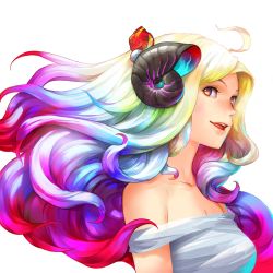 Rule 34 | 1girl, absurdres, ahoge, blonde hair, blue hair, brown eyes, floating hair, from side, gradient hair, green hair, hair ornament, highres, long hair, looking at viewer, looking to the side, multicolored hair, off shoulder, open mouth, original, patipat asavasena, pink hair, psychedelic, purple hair, rainbow hair, shell, simple background, smile, solo, tongue, upper body, white background