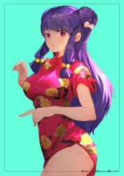 Rule 34 | 1girl, aduo, bell, bow, breasts, china dress, chinese clothes, double bun, dress, floral print, hair bell, hair bow, hair bun, hair ornament, highres, lips, long hair, looking at viewer, medium breasts, parted lips, purple eyes, ranma 1/2, red lips, shampoo (ranma 1/2), short sleeves, sidelocks, solo, twitter logo, upper body