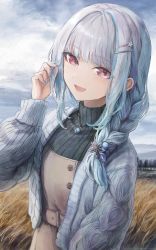 Rule 34 | 1girl, :d, absurdres, beige dress, black sweater, blue hair, braid, cloud, cloudy sky, grey sweater, hair behind ear, hair ornament, hairclip, head tilt, highres, jewelry, lize helesta, looking at viewer, million mandala, multicolored hair, necklace, nijisanji, open mouth, pink eyes, ribbed sweater, silver hair, sky, smile, solo, streaked hair, sweater, turtleneck, turtleneck sweater, upper body, virtual youtuber