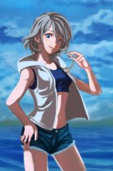 Rule 34 | 10s, 1girl, blue eyes, blue sky, cloud, day, grey hair, hand on own hip, highres, hood, hoodie, image sample, looking at viewer, love live!, love live! sunshine!!, navel, ocean, shizu5912, short hair, shorts, sky, smile, solo, sports bra, watanabe you, whistle