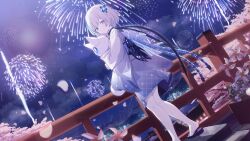 Rule 34 | 1girl, aerial fireworks, architecture, artist request, azur lane, black footwear, black nails, blue eyes, blue hair, blue kimono, cherry blossoms, closed mouth, cloud, colored eyelashes, colored skin, east asian architecture, fingernails, fireworks, flower, four-leaf clover necklace, game cg, gradient kimono, hair flower, hair ornament, highres, holding, holding stuffed toy, hugging object, japanese clothes, jewelry, kimono, looking at viewer, multicolored hair, nail polish, necklace, night, night sky, non-web source, official art, open mouth, outdoors, pale skin, sandals, sky, streaked hair, stuffed toy, tb (azur lane), two-tone hair, white hair, white kimono, white skin, yukata