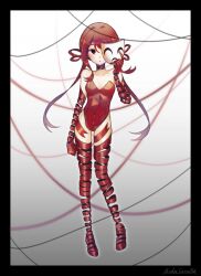 Rule 34 | 1girl, aida (aidacamelia0516), bare shoulders, black eyes, closed mouth, elbow gloves, full body, gangle (the amazing digital circus), gloves, hair rings, highres, holding, holding mask, humanization, leotard, long hair, looking at viewer, low twintails, mask, red gloves, red leotard, red thighhighs, ribbon hair, sidelocks, signature, solo, the amazing digital circus, thighhighs, twintails, very long hair