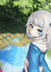 Rule 34 | 1girl, :&gt;, absurdres, blue eyes, blue hair, blue hoodie, brick, bush, candy, closed mouth, cloud, day, food, food in mouth, from above, gawr gura, gawr gura (1st costume), grey hair, hair ornament, highres, hololive, hololive english, hood, hood down, hoodie, johnny (braun-kan cafe), light blush, lollipop, long hair, long sleeves, looking back, multicolored hair, outdoors, plant, puddle, reflection, reflective water, ripples, shadow, shark hair ornament, solo, streaked hair, turning head, upper body, virtual youtuber, water, white hood