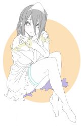 Rule 34 | 1girl, bad id, bad twitter id, bare shoulders, black hair, blush, colored skin, donguri suzume, dress, full body, ghost, hair between eyes, highres, long hair, long sleeves, looking at viewer, no shoes, orange background, sitting, smile, solo, thighhighs, white dress, white skin, white thighhighs