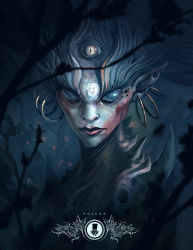 Rule 34 | 1girl, artist logo, artist name, closed mouth, coliandre, earrings, forest, green eyes, green hair, jewelry, long hair, looking at viewer, nature, no pupils, original, pointy ears, portrait, slit pupils, solo, spikes, third eye, tree