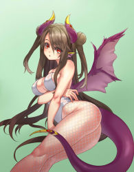 Rule 34 | 1girl, ass, bad id, bad pixiv id, bare shoulders, beatrice (soccer spirits), berlin blue, breast hold, breasts, brown hair, cleavage, collarbone, dragon girl, dragon horns, dragon tail, dragon wings, fishnet pantyhose, fishnets, green background, hair between eyes, highres, horns, legs together, leotard, long hair, looking at viewer, lying, medium breasts, on side, open mouth, pantyhose, red eyes, simple background, soccer spirits, solo, tail, twintails, very long hair, white leotard, wings