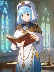 Rule 34 | 1girl, blue hair, book, candle, candlestand, closed mouth, dress, fire emblem, fire emblem echoes: shadows of valentia, green eyes, holding, holding book, indoors, light particles, long sleeves, nintendo, reading, short hair, silque (fire emblem), solo, standing, table, turtleneck, veil, wooden table, yoshitake