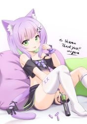 Rule 34 | 1girl, :p, absurdres, animal ear fluff, animal ears, arm up, black shirt, black shorts, breasts, cat ears, cat girl, cat tail, commission, crop top, green eyes, gun, hair ornament, handgun, highres, indie virtual youtuber, midriff, mogura2009, paw pose, pillow, purple hair, second-party source, shirt, short hair, short shorts, short sleeves, shorts, shwaa, single thighhigh, sitting, skeb commission, small breasts, smile, solo, strap slip, tail, thighhighs, thighs, tongue, tongue out, virtual youtuber, weapon, white thighhighs