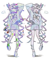 Rule 34 | 2girls, ankle strap, arm at side, arm up, blood, blood on face, bloody knife, blue hair, bow, bowtie, brown hair, chouzetsusaikawa tenshi-chan, clone, commentary, covered mouth, dee (tannsumi), double helix, drawn wings, glitch, grey eyes, hair bow, heart, highres, holding, holding knife, holographic clothing, knife, long hair, long sleeves, looking at viewer, multicolored hair, multiple girls, multiple hair bows, needy girl overdose, one eye closed, pink hair, platform footwear, pleated skirt, quad tails, school uniform, serafuku, shoes, skirt, smile, standing, standing on one leg, streaked hair, symbol-only commentary, symmetry, very long hair, yellow bow, yellow bowtie