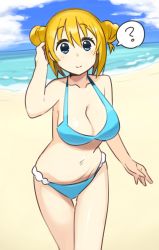 Rule 34 | 1girl, ?, bad id, bad pixiv id, bare arms, bare shoulders, beach, bikini, blend s, blonde hair, blue bikini, blue eyes, blush, breasts, cleavage, closed mouth, collarbone, commentary request, day, double bun, hair between eyes, hair bun, highres, hinata kaho, kasa list, large breasts, looking at viewer, navel, ocean, outdoors, sand, sidelocks, smile, solo, spoken question mark, swimsuit, water
