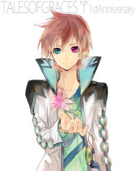Rule 34 | 1boy, asbel lhant, blue eyes, brown hair, copyright name, flower, green shirt, heterochromia, jacket, male focus, mooche, purple eyes, shirt, solo, tales of (series), tales of graces, white background
