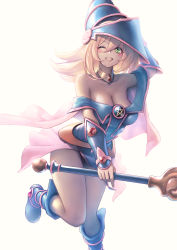 Rule 34 | 1girl, absurdres, bare shoulders, blonde hair, blue footwear, blue hat, blush stickers, breasts, cleavage, dark magician girl, duel monster, green eyes, hat, highres, large breasts, long hair, mao san, one eye closed, pentacle, solo, wand, wizard hat, yu-gi-oh!, yu-gi-oh! duel monsters