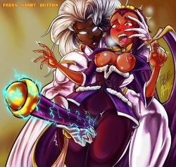 Rule 34 | 2girls, ahegao, alternate color, artist name, between thighs, blue arms, blush, bodysuit, breasts, breasts out, brown eyes, brown hair, capcom, cape, crossover, crotch rub, curvy, dark-skinned female, dark skin, electricity, fangs, fingernails, forehead, gloves, leggings, long fingernails, long hair, marvel, marvel vs. capcom, marvel vs. capcom 2, monkey girl, multiple girls, nipples, no pupils, open clothes, open mouth, shiny skin, short hair, sonson, sonson (series), staff, steaming body, storm (x-men), thick thighs, thighs, white hair, wide hips, x-men, yuri