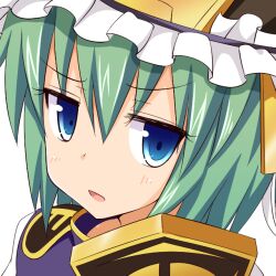 Rule 34 | 1girl, blue eyes, commentary request, epaulettes, frilled hat, frills, gin&#039;you haru, green hair, hat, looking at viewer, open mouth, portrait, profile picture, shiki eiki, short hair, simple background, solo, touhou, upper body, white background