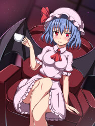 Rule 34 | 1girl, ascot, bat wings, blue hair, blush, breasts, chain, collared shirt, couch, cup, frills, hair between eyes, hat, hat ribbon, highres, holding, holding cup, legs together, light blush, looking at viewer, medium breasts, mob cap, puffy short sleeves, puffy sleeves, red ascot, red eyes, red ribbon, remilia scarlet, ribbon, rimasu71, shirt, short hair, short sleeves, sitting, skirt, skirt set, smile, solo, touhou, white shirt, white skirt, wings